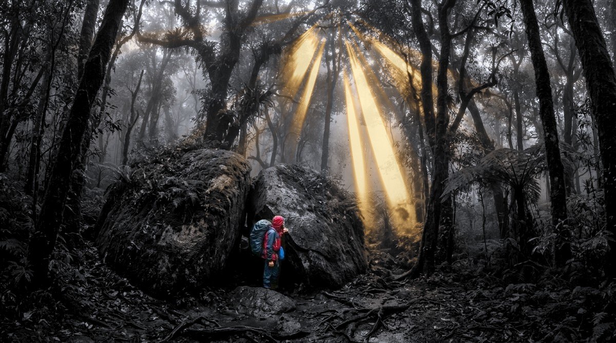 Coorg Wilderness: a trekker in a red hood between two boulders in a misty grey forest