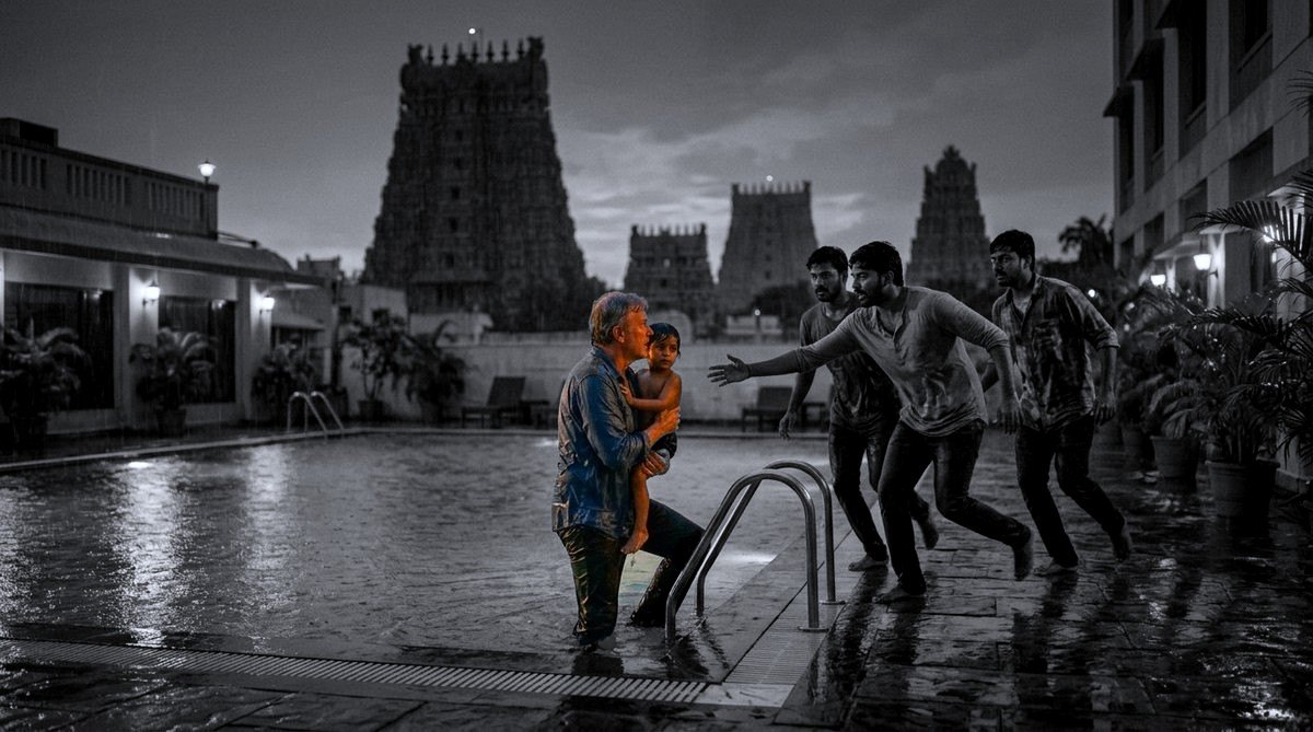 A man in a hotel pool at dusk, holding a boy, in natural colour against a grey scene with a temple tower behind