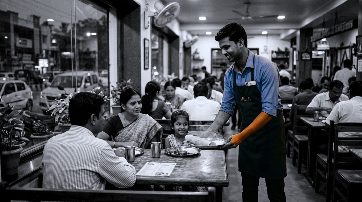 A waiter, in natural colour, serving a family in a busy grey restaurant