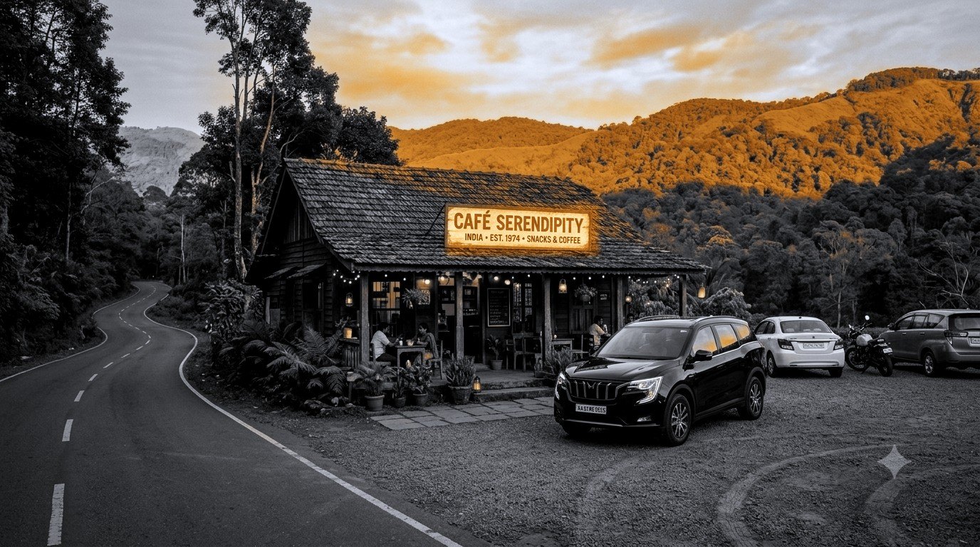 Café Serendipity: a roadside café at golden hour, in grey with golden hills