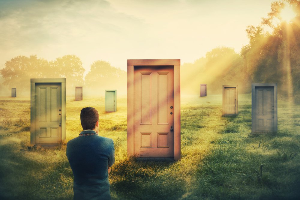 Rear view man in front of many different doors choosing one. Difficult decision, concept of important choice in life, failure or success. Ways to unknown future career development. Opportunity symbol.